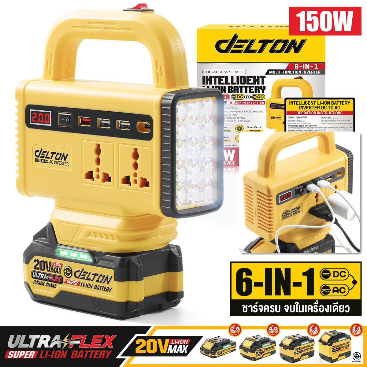 เครื่องแปลงไฟ (พร้อมแบตเตอรี่) DELTON รุ่น DC-AC150W-PRO ULTRAFLEX 20V 8AH_9